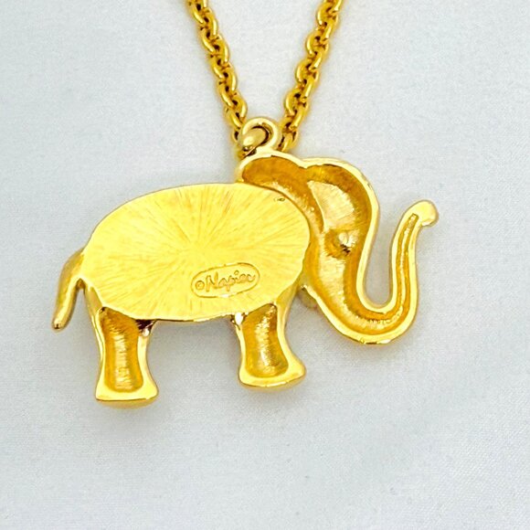 Vintage Napier Elephant Pendant Gold Tone Long Chain Signed - Picture 7 of 9